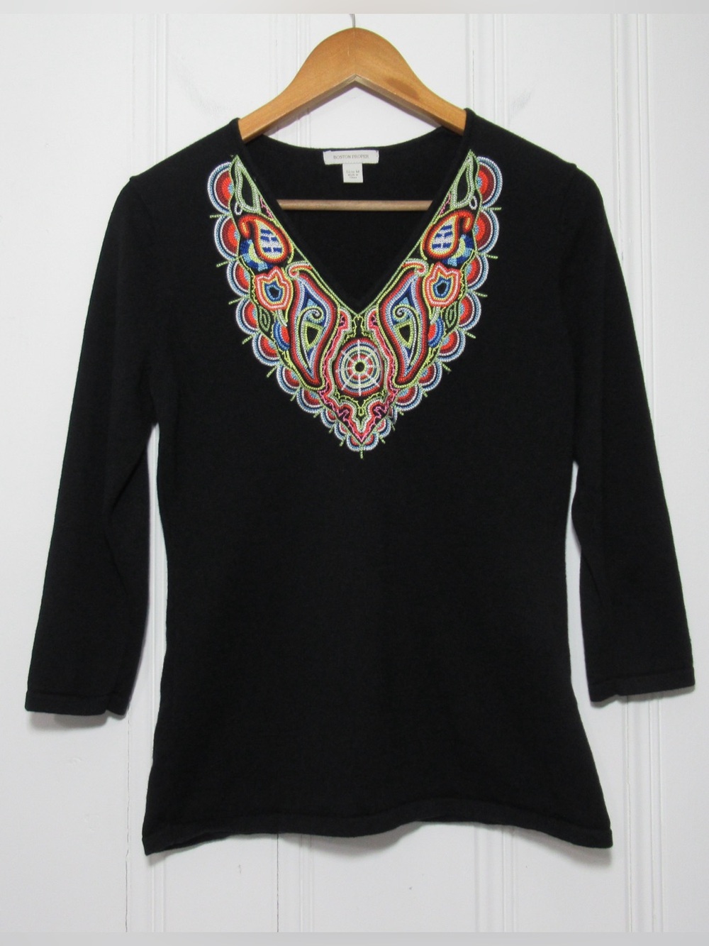 Boston Proper Embroidered V-Neck Black Long Sleeve Top Size Medium
